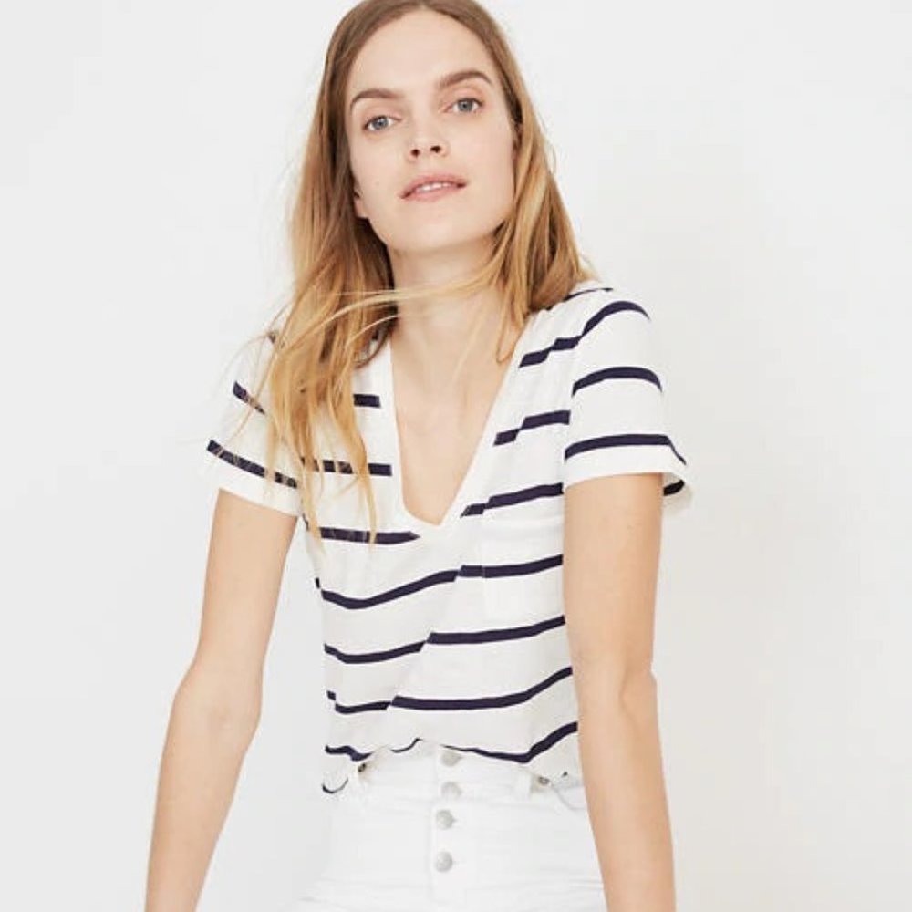 MADEWELL Whisper Cotton V-Neck Pocket Tee Stripe